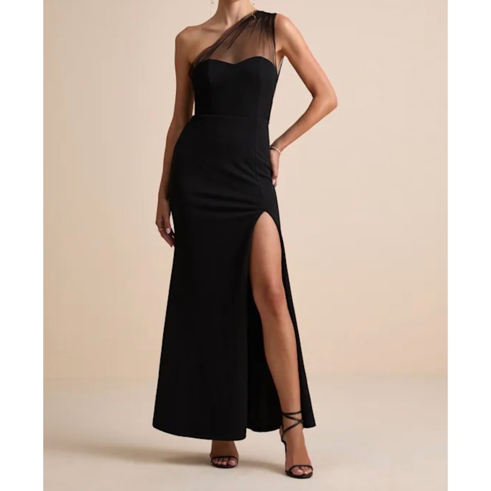 Lulus Brayla Black One-Shoulder Mermaid Maxi Dress Sheer Mesh Slit XS New